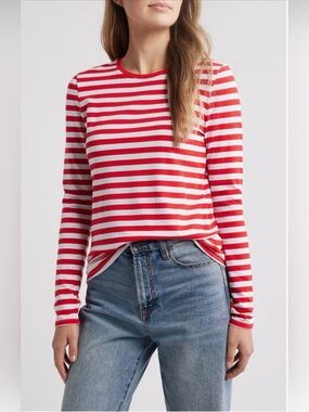 NEW…Caslon Striped Red and White Long-Sleeve Crewneck Top
